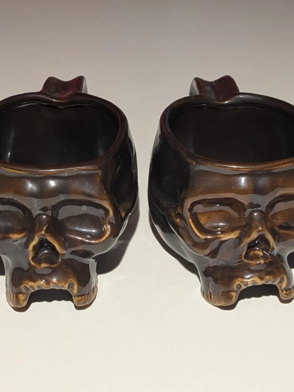 William Sonoma Halloween Ceramic Skull Coffee Mug Dark Brown Goth Set of 2 NEW